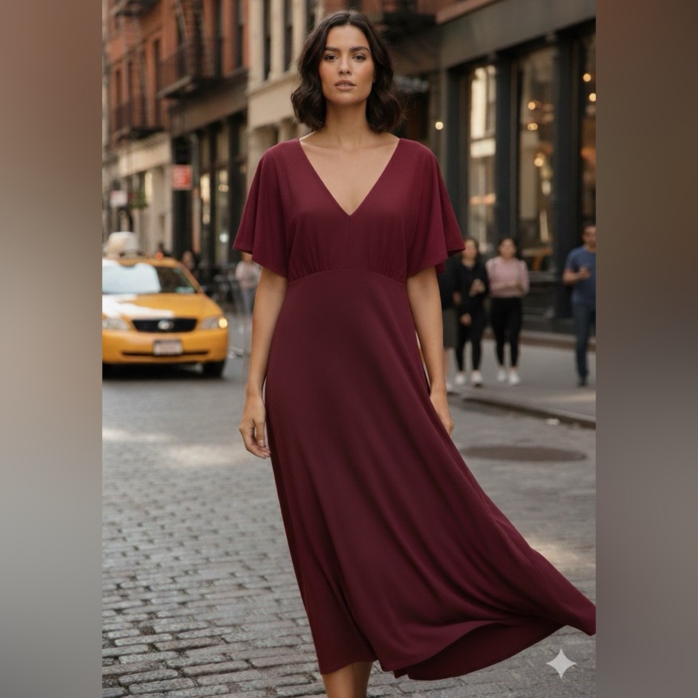 Hudson North Burgundy Midi Dress – Stretch Fit & Flutter Sleeves | NWT | Size XL